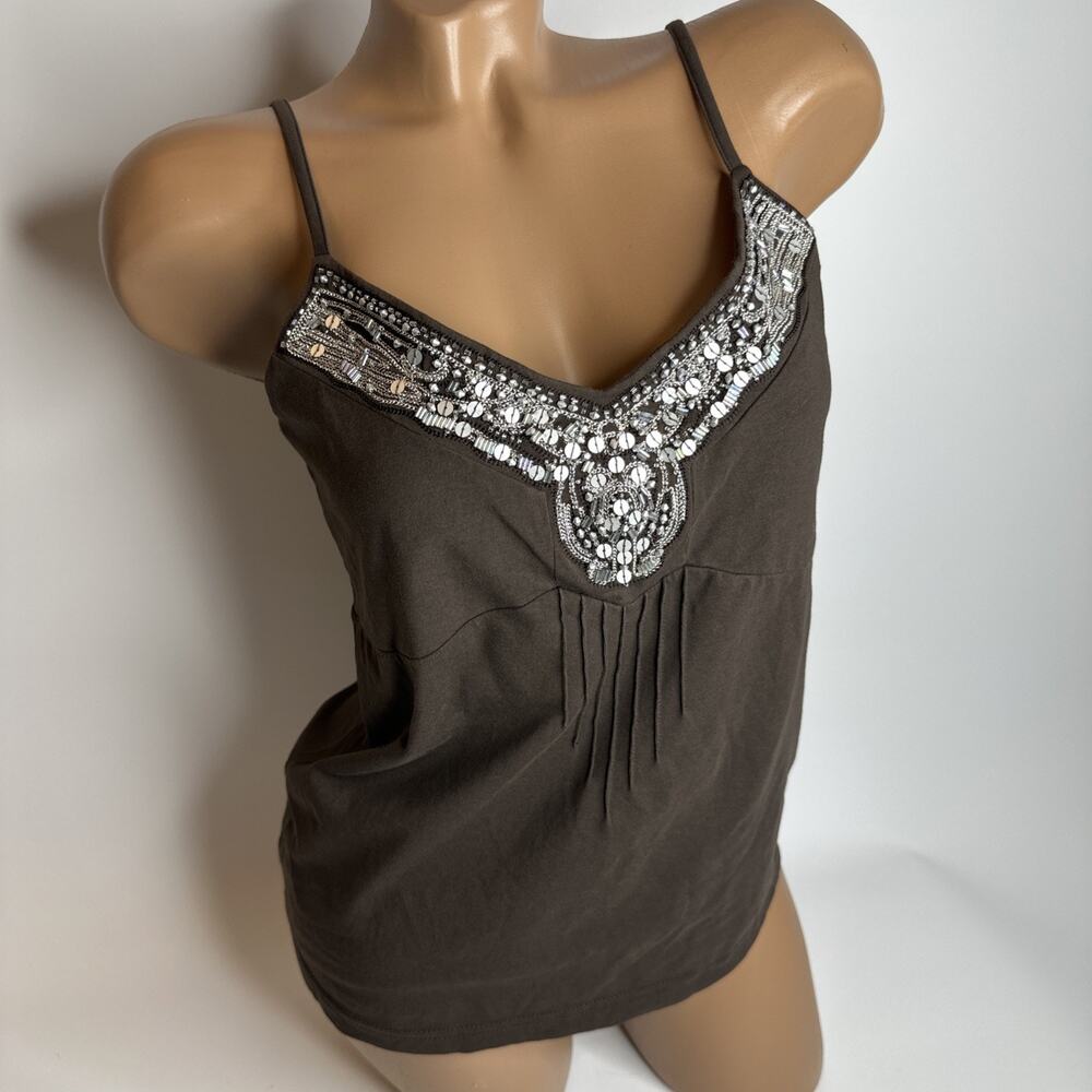 Y2K Boho Festival Brown Beaded Sequin Cami Top M Party Embellished